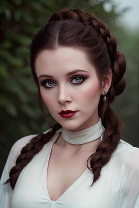 princessleia double bun hairstyle sidebuns crown braid long single braid purple loincloth brass bikini brass choker metal hairbands wrist bracers