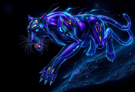 "Create a detailed, lifelike digital illustration of a cyber Galaxy black panther in a running pose, featured on amiami, incorporating the golden ratio. The panther should have purple flesh, no watermark signature, and be in an insane action pose, with an encephalopod-like appearance, black gold light blue accents, and the lord of regeneration title. The piece should be trending in Japan, have alien anatomy with animal drawing elements, and be in 4k with high coherence and post-processing. The style should resemble the work of artists such as Greg Rutkowski, Zabrocki, Karlkka, Jayison Devadas, Phuoc Quan, and Wlop."