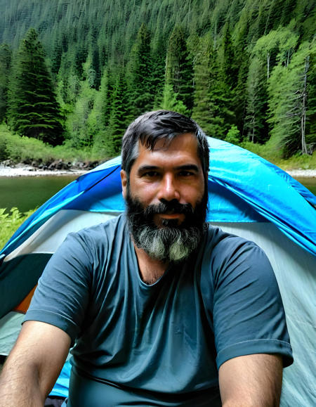 <lora:Marcos-Prudente:1> Marcos Prudente 50 years old with a rugged beard, and his wife are camping at Pybus Point Lodge, enjoying the tranquility of nature and quality time together