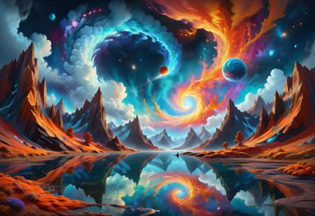 "Imagine a highly detailed, oil painting-style artwork of a surreal, cosmic landscape. In the foreground, a lone figure stands on the shore of a reflective, glass-like lake under a tumultuous sky. The sky is a whirlpool of fiery orange, rich golds, and deep teal blues, suggesting a portal or galaxy opening above. The scene is lit with a dynamic interplay of light and shadow, adding a three-dimensional quality to the swirling celestial event and the reflective water. The textures are thick and expressive, characteristic of oil paint, with visible brushstrokes that give life and movement to the composition. The landscape is alien, with dark, jagged terrain that fades into the cosmic display, and the atmosphere is one of awe and otherworldly beauty. Ultra High Definition 64K, Detailed and Intricate, Digital Art, Photo, Realistic, Cinematic, Studio Lighting, Beautiful Lighting, landscape view