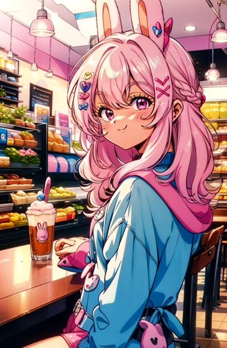 1girl, pippa, virtual youtuber, pink hair, hair ornament, rabbit ears, pink eyes, <lora:Char - PippaV2:0.75>,  sitting, cafe, 1980s \(style\),  <lora:Style - BluetheBone:0.85>,