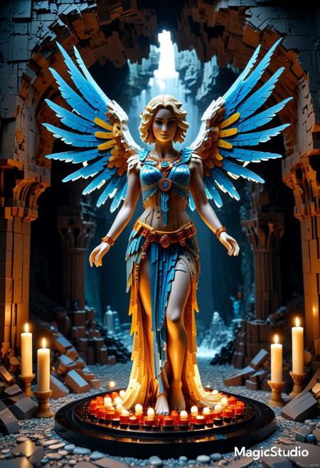 masterpiece, best quality, amazing quality, very aesthetic, realistic, fisheye lens:0.7,  (depth of field), LEGO, LEGO stalactites, 
Dark room, candles, cave walls made of crystal and translucent LEGO, scenery made of roots and LEGO, fantasy \(theme\), front view, 
Statue of winged woman, visible face,  made of LEGO, dynamic pose,
open arms, arched back, open hands, bent wings made of LEGO plumes,  greek ((long)) flowing toga, (((sfw))), one foot behind,
(no people in the background),