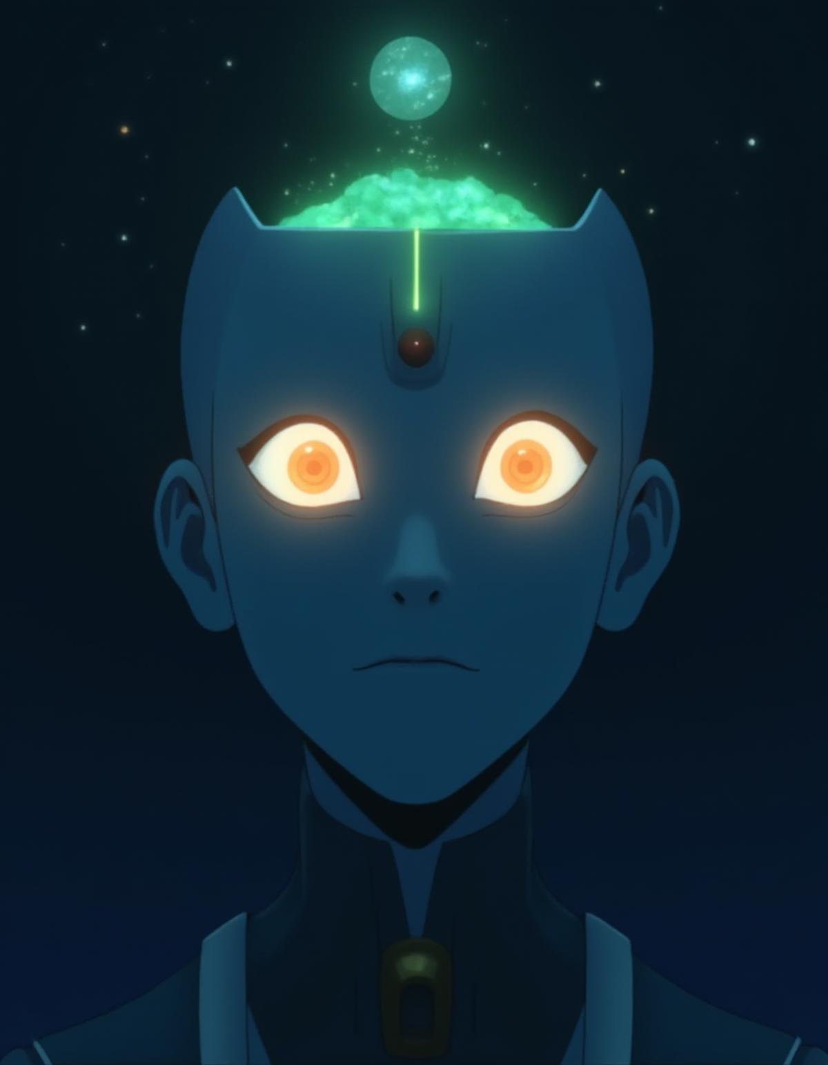 Anime screencap featuring a Minimalist and abstract side profile of a robot woman with a universe sprouting from her mind as she opens her eyes and attains consciousness for the first time in the dark. She has beautiful and intelligent bright orange eyes brimming with knowledge and benevolence. Mostly in hues of blue and green. <lora:Barbara_Palvin_FLUX_v1-000061:1>