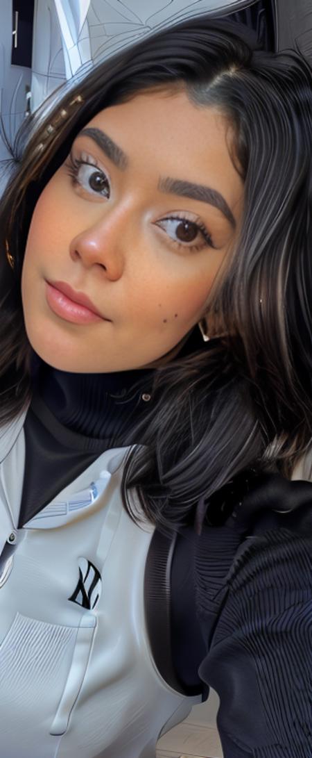 <lora:lyndaparraV2-15:1> a  woman , woman in a casual suit, taking a selfie, with black hair, pretty face , 25 years old