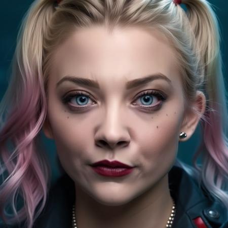 photo of ohwx woman as harley quinn, in the movie Suicide Squad, dyed hair, highly detailed, cinematic look, city at night, cinematic, <lora:NatalieDormer:1>