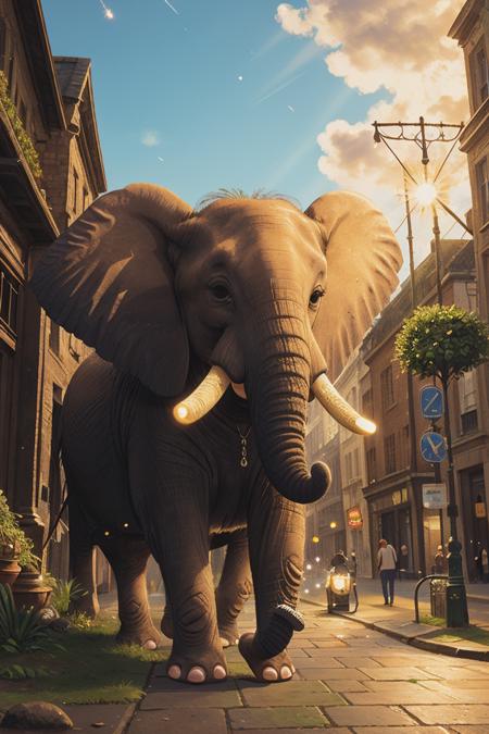 (close-up:1.3) elephant, on A bustling, old-world London street, nature, (natural elements), (particle effects),glow sprite, with a glowing, <lora:COOLKIDS_MERGE_V2.5:1>,  <lora:add_sharpness:0.5>