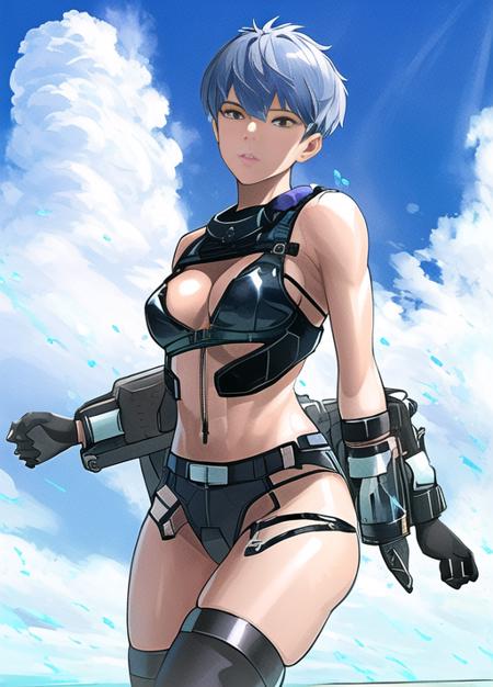 masterpiece, best quality, valkyrie (apex legends), cowboy shot, 1girl, solo, toned, blue sky, cloud, lingerie, thigh strap, black bra, black panties, black thighhighs, floating,