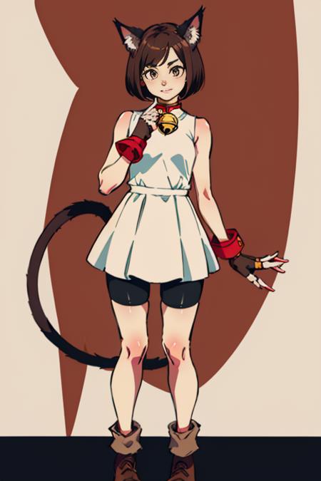 Xiao, cat ears,short hair, brown hair,cat tail, brown eyes,animal hands ,Xattire ,white dress, bike shorts, neck bell,brown footwear,sleeveless,fingerless gloves, standing
(insanely detailed, beautiful detailed face, masterpiece, best quality) <lora:Xiao-09:0.7>