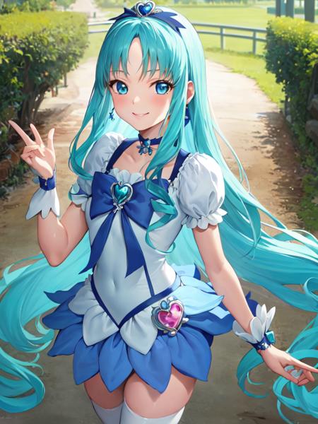 cure marine wavy hair, aqua hair, white thighhighs, wrist cuffs, hair ribbon, white shoes