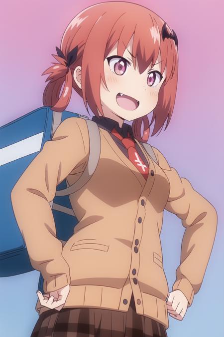 satania, 1girl, bat_hair_ornament, solo, fang, cardigan, bag, skirt, inverted_cross, open_mouth, necktie, school_uniform, smile, black_shirt, plaid, hand_on_hip, plaid_skirt, shirt, v-shaped_eyebrows, school_bag, :d, cross, red_necktie, breasts, pleated_skirt, red_skirt, collared_shirt, cross_print, long_sleeves, arm_up, ribbon, blush, blue_background, from_below, cowboy_shot, smug, wing_collar, brown_cardigan, hand_up, upper_body