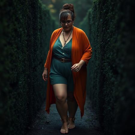 Cinematic masterpiece of a Plus size older Scottish woman glasses light brown curly bun Orange draping cardigan. green linen high cut romper hugs her curvy thick thighs. . Brass Shackles with glowing runes etching on the bands are locked on her ankles. She steps barefoot carefully navigates the hedge maze in the darkness