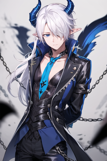 <lora:CielElsword-09:0.7>, ciel, solo, long hair, blue eyes, 1boy, jacket, white hair, male focus, necktie, horns, pointy ears, pants, hair over one eye, chain, arms behind back, bound, demon horns, bound arms, blue horns