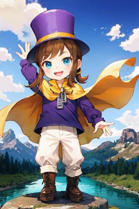 hatkid, child, brown hair, medium hair, blue eyes, top hat, yellow cape, purple jacket, zipper, white pants, boots, :d, standing, mountain, river <lora:hatkid:1>