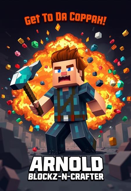 "Blocky, pixelated image in the style of Minecraft. The scene is an intense action sequence featuring a character with the likeness of Arnold Schwarzenegger, dressed in a Minecraft-inspired outfit. The character is holding a trusty diamond pickaxe and is being propelled forward by a massive explosion in the background. The explosion is filled with numerous different ores from Minecraft, including diamond ore, redstone ore, iron ore, emerald ore, and gold ore, all of which are scattered throughout the blast. The character's face is set in a determined expression as they yell the phrase "Get To Da Coppah!" which is displayed at the top of the image in bold, copper-colored letters. The character's name, "Arnold Blockz-n-Crafter", is displayed at the bottom of the image in a similar font. The explosion is the main focus of the image, with flames and smoke billowing out in all directions. The character is positioned in the foreground, with the explosion behind them, and the ores from the explosion scattered all around them. Style: blocky, pixelated, and action-packed, with a focus on capturing the intensity and excitement of the scene. The image should be reminiscent of a Minecraft screenshot, but with a humorous and over-the-top twist."