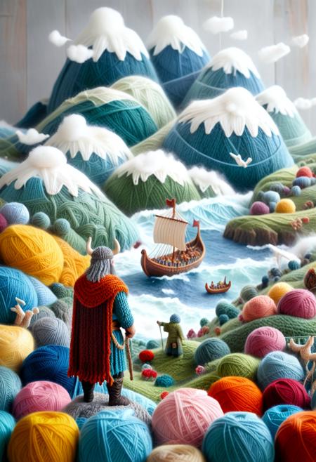 A Viking warrior standing on a knitted cliffside, overlooking a stormy sea made of tangled yarn waves, his woven longship emerging from the mist â yrnwrld, Norse mythology, highly detailed, fiber art aesthetic <lora:sd_xl_dpo_lora_v1:0.1> <lora:MJ52:0.1> <lora:Yarnworld-000017:1.0>
