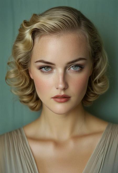 blonde woman, 1930s hair style, facing the camera, sad eyes, soft features, lighting type: soft film light, 100mm, Annie Leibovitz photography
