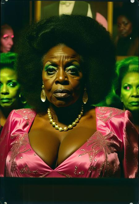 ()Hyoer Realistic:2.0)Polaroid picture of 
a hyper realistic Movie Still of (80 years old ((busty:1.3)) (((african american))) women) 
 of a group of stern, suited College Board of Trustees (Standing exposing large breasts ), their (possessed glowing eyes:1.70) glazing over as they fall under the hypnotic spell of a circle of Alpha Kappa Alpha Sorority Sisters.
The  (90 year old busty african american sorority sisters standing in front of the Board, resplendent in their pink and green attire:1.85) , gaze intensely at the trustees, their hands weaving intricate patterns in the air as they chant in unison.( The trustees' faces slacken, their pupils dilating as they succumb to the sisters' mesmerizing power:1.65)
(In the background, a giant budget spreadsheet displays a rapidly increasing total, the numbers spinning wildly out of control as the trustees, now completely entranced, nod in unison to allocate infinite funds to the Greek Life budget.:2.00) (Capture the surreal, mind control::2.80)
