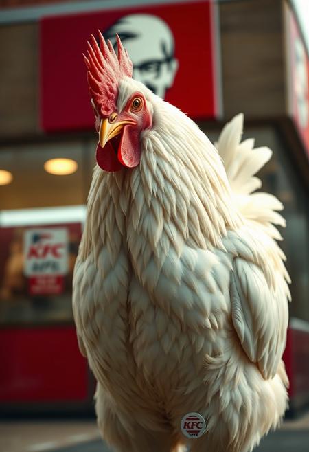 “A realistic, detailed chicken standing confidently in front of a KFC restaurant. The chicken has bright feathers, a sharp gaze, and a proud stance as if aware of its surroundings. The KFC logo is visible in the background, slightly blurred for depth. The scene is captured in a cinematic style with balanced lighting, slightly warm tones, and a shallow depth of field. The image should have high detail in the feathers and a slightly humorous undertone, emphasizing the irony of the setting.”