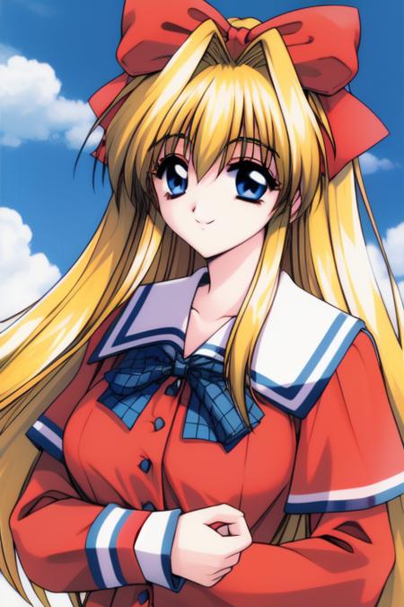 <lora:Akumu95_AoiKajitsunoSange:0.8>, akumu, long hair, blonde hair, red_bow,  blue eyes,
school uniform,   long sleeves,  blue_sky, school, cowboy Shot, plaid, smile, large_breasts,
1990s \(style\), masterpiece, high quality, very_high_resolution, large_filesize, full color,