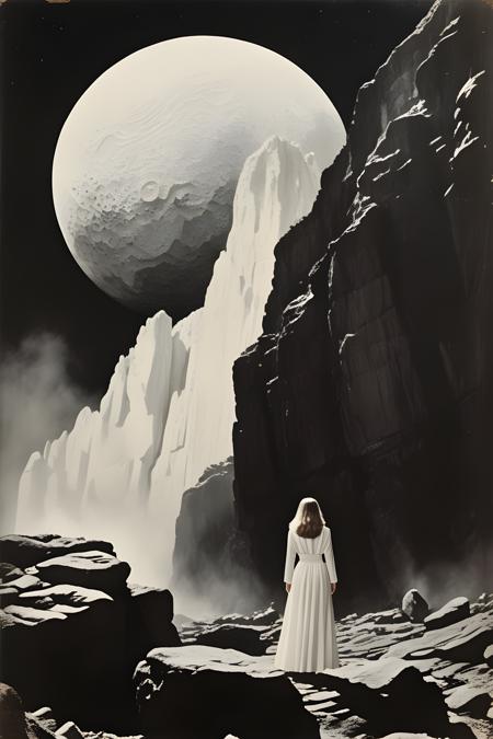 (masterpiece, ultra-detailed), realistic, 1980s sci-fi movie style, (vintage film look:1.3), (white female figure:1.5) standing prominently, taking up two-thirds of the composition, on a (rugged rock formation:1.3) against a (dark cosmic vacuum:1.2), minimal stars, (large textured planet:1.2) partially obscured by (grainy mist:1.1), (high contrast:1.3), hues of red, white, and black, (retro aesthetic:1.3), (slightly faded:1.1), (film grain texture:1.3), (cinematic lighting:1.3)