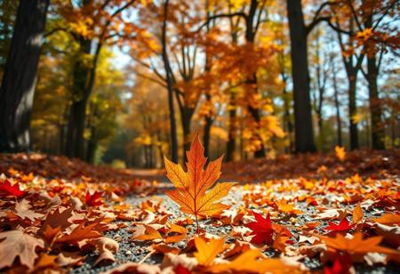 Ultra-realistic depiction of a scenic autumn path, where vibrant orange and red maple leaves cover the ground, amidst towering trees that frame the forest trail. A wide-angle lens captures the vastness, as bright afternoon sunlight casts long shadows across the rustling foliage. A single, perfectly preserved maple leaf lies at the center of the composition, inviting the viewer's eye to rest upon its intricate details.