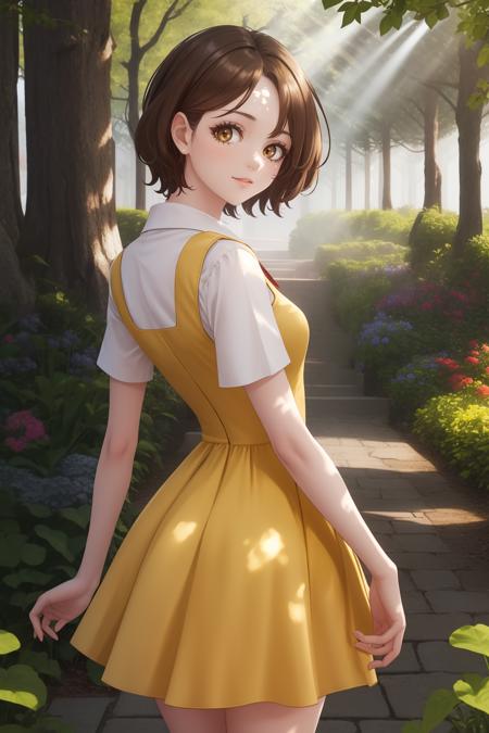 masterpiece, best quality, 1girl, solo, <lora:lass-pokemonhgss-richy-v1:1> lass, pinafore dress, (yellow dress:1.3), brown eyes, brown hair, looking at viewer, looking back, from behind, garden, (dappled sunlight:1.3)