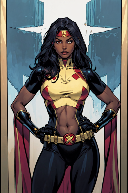 masterpiece, official art, best quality , extremely detailed, dskheroes, 1girl, solo, long hair, large breasts, black hair, gloves, belt, dark skin, dark-skinned female, lips, bodysuit, covered navel, makeup, headband, lipstick, skin tight, hands on hips, superhero, native american , <lora:Heroes_Style:0.6>