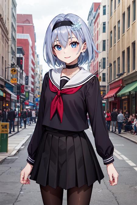 masterpiece,best quality,highres,ultra-detailed,aaginko,short hair,bangs,hair between eyes,black hairband,snowflake hair ornament,black choker,red neckerchief,black serafuku,sailor collar,black shirt,long sleeves,black skirt,pantyhose,loafers,<lora:sora_ginko:0.7>,outdoors,street,smile,cowboy shot,