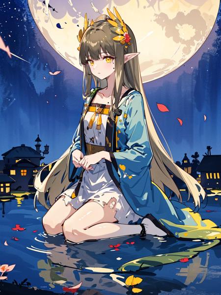 masterpiece, best quality, 
night,starry sky, 
1girl, landscape, panorama, overlook,(high contrast:0.8),(distant view),blurry foreground,wind,
Mumu, long hair, brown hair AND green hair, pointy ears, yellow eyes, hair ornament, mole under eye, small breasts, collarbone, bangs, 
torn dress,
eye contact, kneeling,
halloween, cropped, moon, rose petals, pond,
 <lora:Muelsyse_v1.1-000006:1:CHARACTER> <lora:animeScreenshotLikeStyleMixLora_v10:1:BACKGROUND>