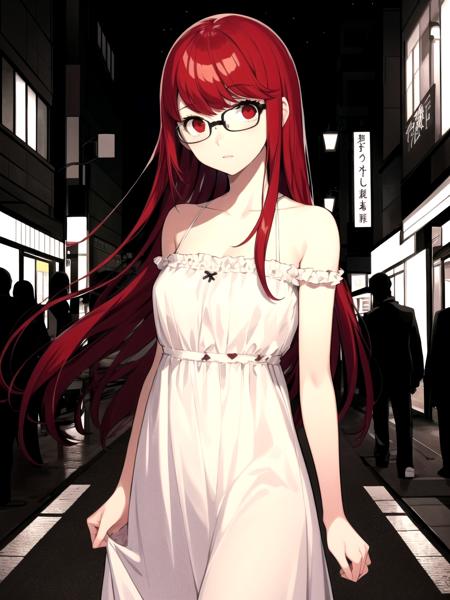 masterpiece, best quality, 1girl, solo, dssumire, red hair, long hair, straight hair, red eyes, glasses, white dress, bare shoulders, standing, city, night, street lights, detailed background, cowboy shot, soejima shigenori
 <lyco:dskasumi-v2_lc:1>