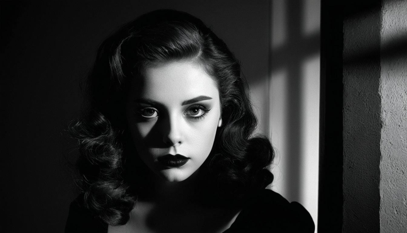 film noir style, full body photo of a 18yo girl, heavy make up, well-litt, , model face, by tim burton,
monochrome, high contrast, dramatic shadows, 1940s style, mysterious, cinematic