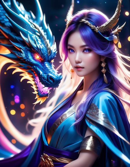 (mysterious:1.3), ultra-realistic mix fantasy, giant eastern dragon, asian woman holding a glowing sword,void energy thunder sword, in the style of dark azure and light azure, mixes realistic and fantastical elements, vibrant manga, uhd image, glassy translucence, vibrant illustrations, ultra realistic, long hair, straight hair, light purple hair,head jewelly, jewelly, shawls,light In eyes, red eyes, portrait, firefly, bokeh, mysterious, fantasy, cloud, abstract, colorful background, night sky, flame,  very detailed, high resolution, sharp, sharp image, 4k, 8k, masterpiece, best quality, magic effect, (high contrast:1.4), dream art, diamond, skin detail, face detail, eyes detail, mysterious colorful background, dark blue themes