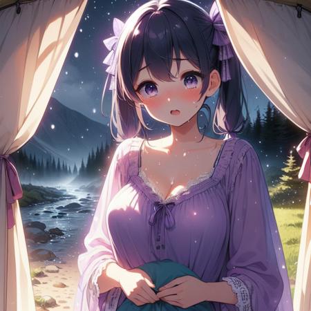 (((masterpiece))),  (((best quality))),  ((camping tent)),  ((open door curtain)),  (holding pillow),  ((purple frills chiffon pajamas)),  star \(sky\),  (((night))),  ((wind)),  ((snowing)),  cleavage,  big tits,  collarbone,  ((sweat)),  ribbon,  twintail,  open mouth,  rosy lips,  shy,  blush,  sleepy,  grass,  valley,  forest,<lora:EMS-272345-EMS:1.000000>