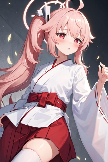 best quality, masterpiece, highres, solo, {white kimono:1.35}, {red hakama:1.35}, {wide sleeves:1.20}, {natsu_bluearchive:1.15}, pink_hair, long_hair, side_ponytail, halo, red_eyes, ahoge, blush, bangs, serafuku, hair_ornament