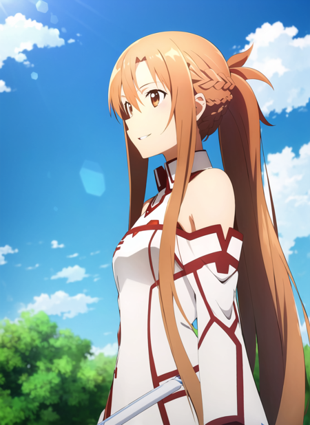 alicization anime style <lora:alicization_anime_style_offset:1>, asuna \(sao\), 1girl, asymmetrical bangs, bare shoulders, braid, brown eyes, brown hair, detached sleeves, dress, hair between eyes,  knights of blood uniform \(sao\), lambent light, long hair, long sleeves, looking to the side, parted lips, rapier, short ponytail, outdoors, sleeveless, sleeveless dress, smile, solo, upper body, white dress, white sleeves, ((masterpiece))