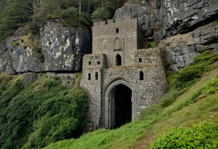 raw photo, (closeup) (wideshot) a sunset landscape, PNW coast, forested cliffs, overlooking oregon ocean across cove , cozy, photorealistic, newly built Towering Stone gateway entry into dark the side of rocky mountain cliff face, (dwarven: 1.39), high fantasy style, high detailed texture, 8k uhd, dslr, soft lighting, high quality, film grain, Fujifilm XT3, Sony A7 IV, highly detailed photography, (muted colors, cinematic, dim colors, soothing tones:1.2), vibrant, insanely detailed, hyperdetailed, (dark shot:1.2), (vsco:0.3), (intricate details:0.9), (hdr, hyperdetailed:1.2) (highest coherency: 1.39) (highest quality: 1.39) (rule-of-thirds) (award-winning) (masterclass) (highest resolution: 1.39) (castle architecture built into cliff: 0.69) (protruding from hillside) (rounded doorway) (glowing elven celtic knot designs) (carved from the rock: 1.49)