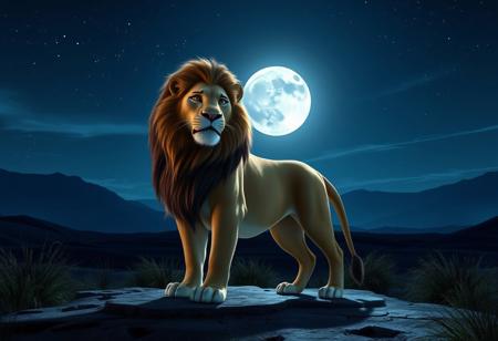 A majestic Pixar-style lion stands proudly in a moonlit night landscape. The camera frames the lion's regal pose against a serene, star-studded sky with a full moon casting a silver glow on the surrounding terrain. Soft, gentle lighting accentuates the lion's fur, while the dark shadows beneath its paws and around its eyes create depth.