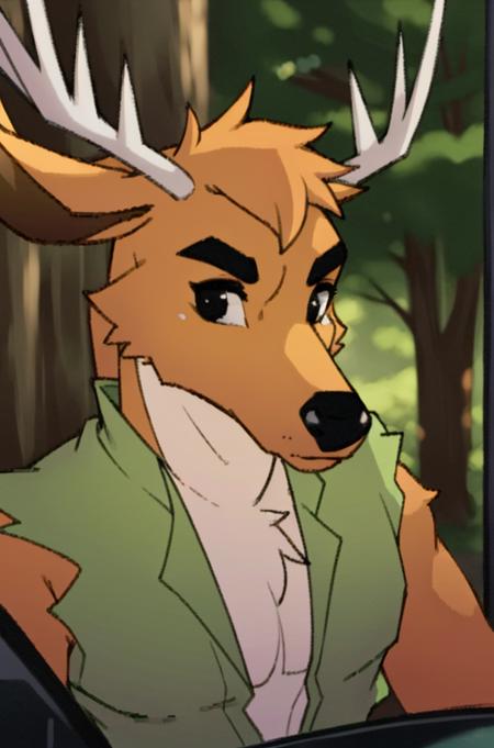 BamboCzar, (ripped sleeves, green open vest, chest tuft, antlers, deer ears, snout, black eyes), (masterpiece:1.2), hires, ultra-high resolution, 8K, high quality, (sharp focus:1.2), clean, crisp, cinematic, <lora:Bambo-20:0.65>