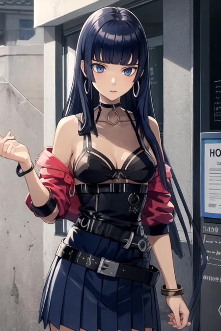 EriIbusaki, 1girl, solo, long hair, blue eyes, pleated skirt, black hair, dress, cleavage, jewelry, medium breasts, blue hair, red jacket, pleated skirt, hoop earrings, choker, belt, blunt bangs, black skirt, off shoulder, bracelet, see-through, thigh strap