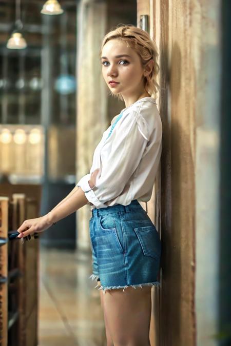 a profesional photo of  1 girl posing   in supermarket <lora:Julia_Sarah_Stone_v2:0.7>  blonde hair, delicate face, slender body, big eyes, young girl, woman, small breasts , wearing High-waisted shorts, button-up shirt, sandals intricate details, ((best quality)), ((masterpiece)) ((vibrant colors)) ((dynamic lights)) bokeh, detailed background, detailed skin, detailed face, cowoby shot, full body, detailed cahracter, focus on character , vibrant colors,clear, detailed hands, perfect face,