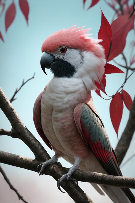 macro shot, A pink cockatoo sitting on a budding branch of an Australian ghost gum tree with leaves bird soft color palette, magical realism, whimsical, dreamy fullcolor, HDR, highly detailed, freedom, soul, digital illustration, approaching perfection, dynamic, highly detailed, watercolor painting, artstation, concept art, smooth, sharp focus, illustration in the style of artists like Russ Mills, Sakimichan, Wlop, Loish, Artgerm, Darek Zabrocki, and Jean-Baptiste Monge, Hyperrealistic, splash art, concept art, mid shot, intricately detailed, color depth, dramatic, 2/3 face angle, side light, colorful background, film grain, extremely detailed,  <lora:epi_noiseoffset2:0.8>