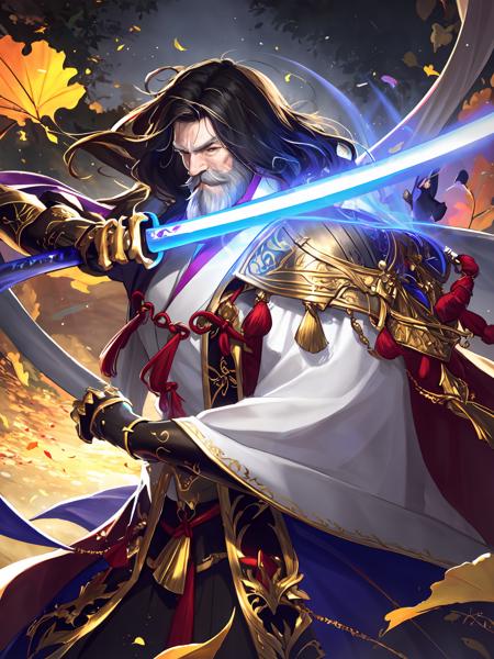 masterpiece,best quality,highres,cinematic lighting,dramatic angle,<lora:ShadowverseKagemitsuV1-000021:0.8> ,1 old man,black hair ,white beard,falling leaves,holding weapon,katana,sheath,glowing weapon,flaming weapon,japanese clothes,armor,ribbons,knots,wide sleeves,gauntlets,jewelry,grey eyes,portrait,looking at viewer,dynamic pose,dynamic angle,close-up