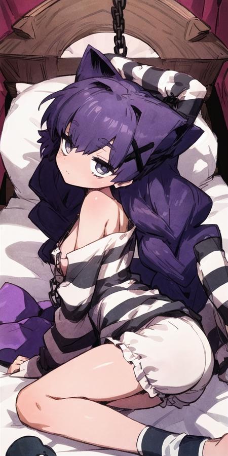 <lora:(criminal girls) alice:0.6>, masterpiece, best quality, 1girl, solo, ali, hair ornament, prison clothes, striped, cuffs, bow,  (bags under eyes:1.1), bloomers, oversized clothes, sleeves past wrists, pendant, sitting, <lora:more_details:0.3>, head tilt, wide hips, barefoot, on bed, bare shoulders, off shoulder, profile, breasts, small breasts, sideboob, ass, back, scapular, from side,