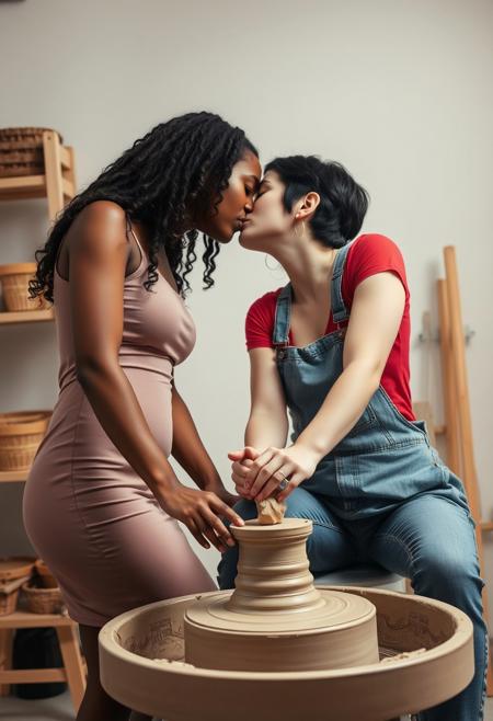 A highly detailed and artistic photo of two young women working together at a pottery wheel.
One woman is black with long curly hair, she is wearing a form fitting summer dress. The other woman is white with short black hair, she is wearing jeans and red top. 
Their hands are working together on the clay.
The women are leaning towards each other to exchange a romantic kiss.
The atmosphere is warm and tender. The lighting is soft.