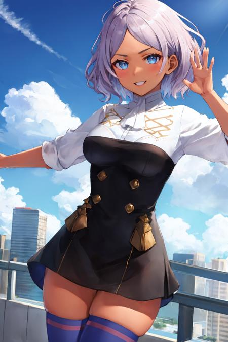 masterpiece, best quality,  <lora:gmuniform2-nvwls-v1-000009:1> gmuniform, blue thighhighs  <lora:CHAR-SeceliaDote:0.9> Secelia Dote, short hair, dark skin, cowboy shot, furrowed brow, smile, dynamic pose, city, sky, clouds