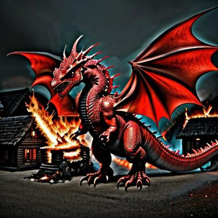 red Dragon, raning fire on a village