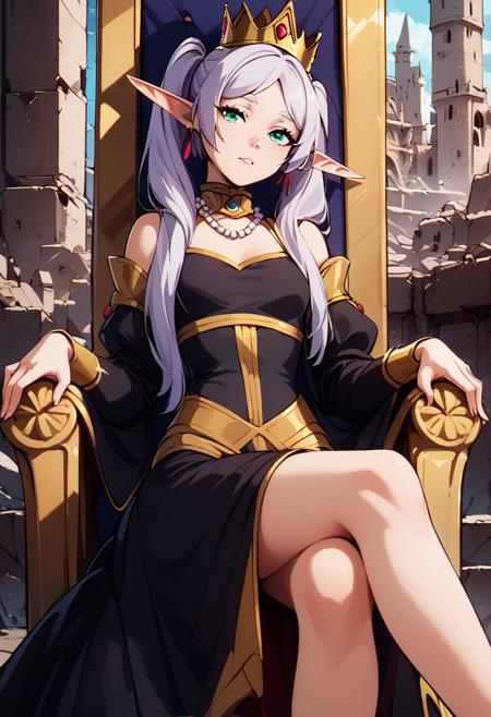 zzFrieren, long hair, twintails, green eyes, grey hair, pointy ears, elf, zzFrieren, long hair, twintails, green eyes, grey hair, pointy ears, elf, shirt, long sleeves, jewelry, earrings, striped, capelet, striped shirt, white skirt, black pantyhose,