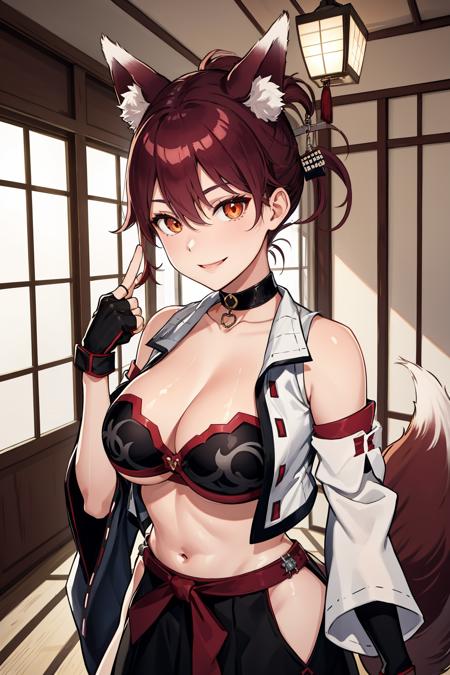 masterpiece, best quality, azurIse, choker, black bra, midriff, open vest, detached sleeves, fingerless gloves, black skirt, fox girl, shiny skin, large breasts, cowboy shot, indoors, japanese architecture, smile, fox tail <lora:azurIse-nvwls-v1-000009:0.9>