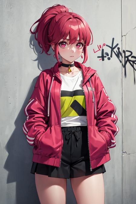 masterpiece, best quality, absurdres, perfect anatomy, 1girl, solo, AinoMegumi, short hair, ponytail, earrings, sharp eyes, choker, neon shirt, open jacket, turtleneck sweater, night, against wall, brick wall, graffiti, dim lighting, alley, looking at viewer, <lora:CHAR-CureLovely:0.9>