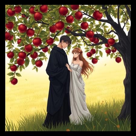 1woman, 1man, dark clothes on man, white clothes on woman, under pomegranate tree, meadow setting, Hades, Persephone, Greek gods, Anime, Nature, Autumn, Fall